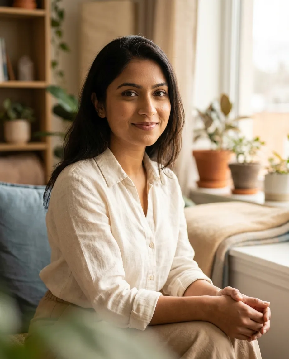 Varshitha, founder of Nurtured Nest, in a warm professional setting